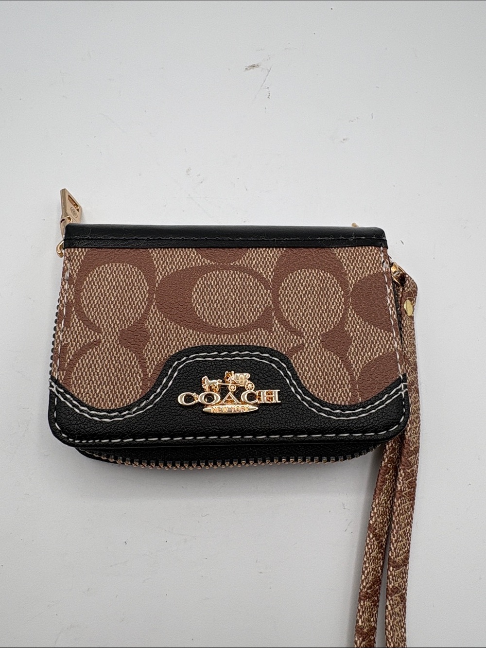 Coach Brown Signature Canvas Wristlet with Black Trim and Gold Hardware